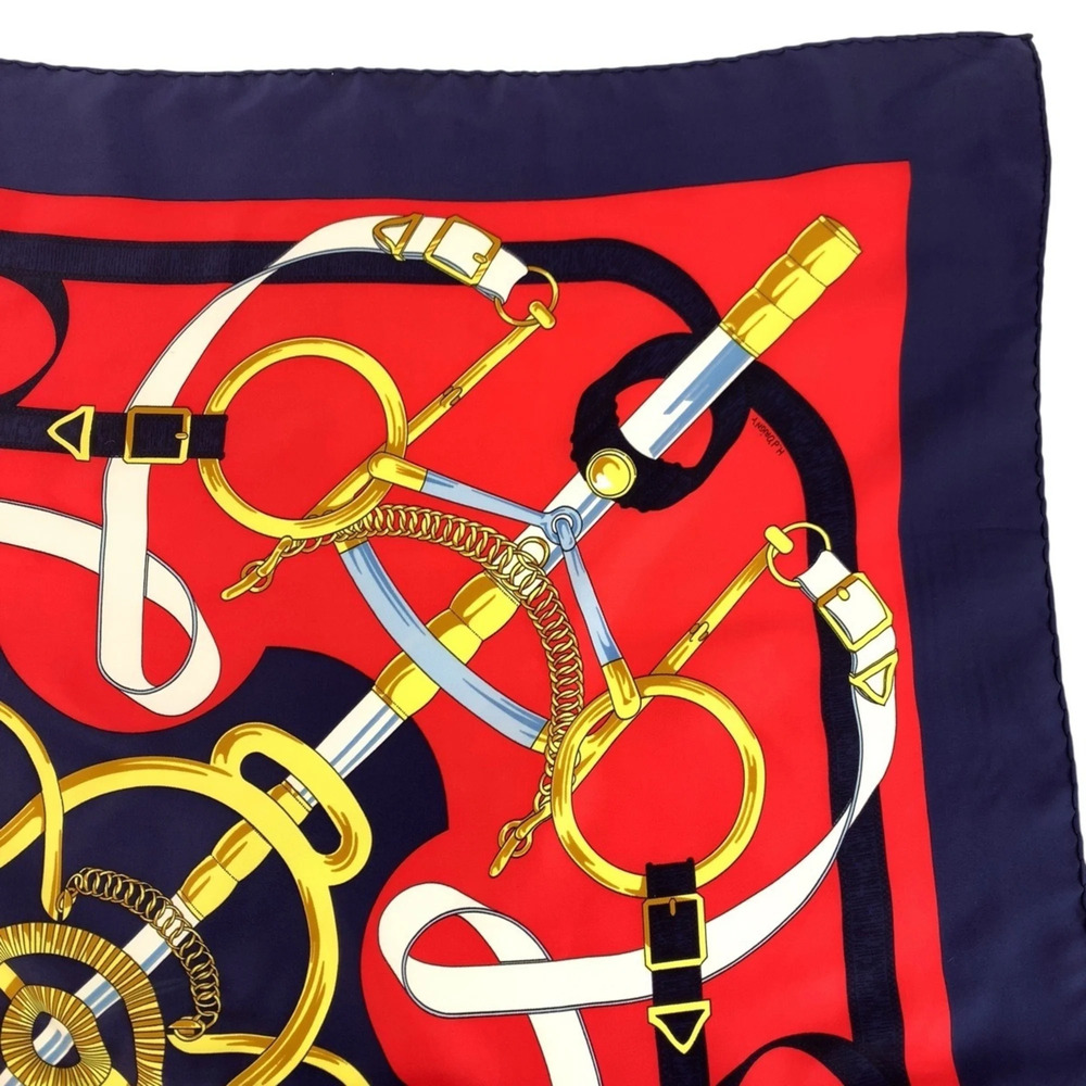 HERMES Hermes Golden Spur Carre 90 Red Navy Silk Scarf Muffler for Women - Picture 6 of 8